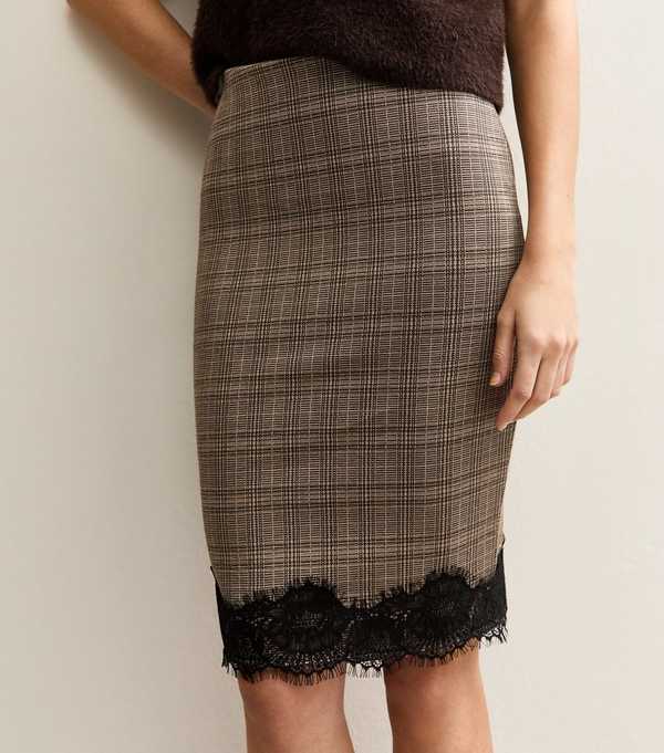 New Look Brown Check Lace Hem Midi Skirt