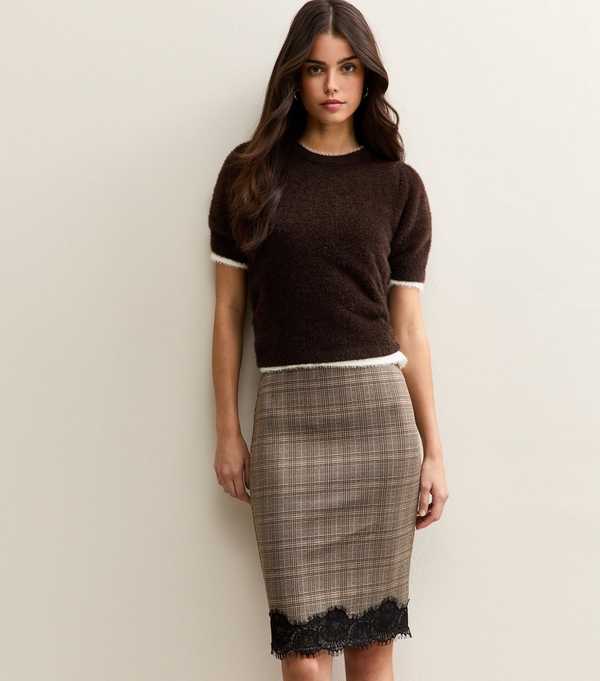 New Look Brown Check Lace Hem Midi Skirt