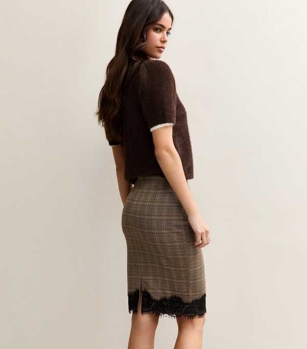 New Look Brown Check Lace Hem Midi Skirt