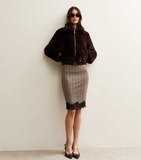 new look Brown Check Lace Hem Midi Skirt