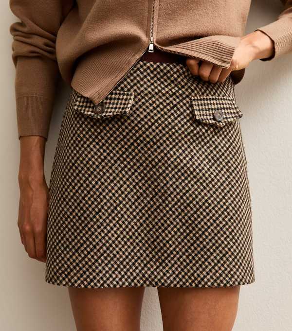 New Look Brown Check Pattern A-line Mini Skirt