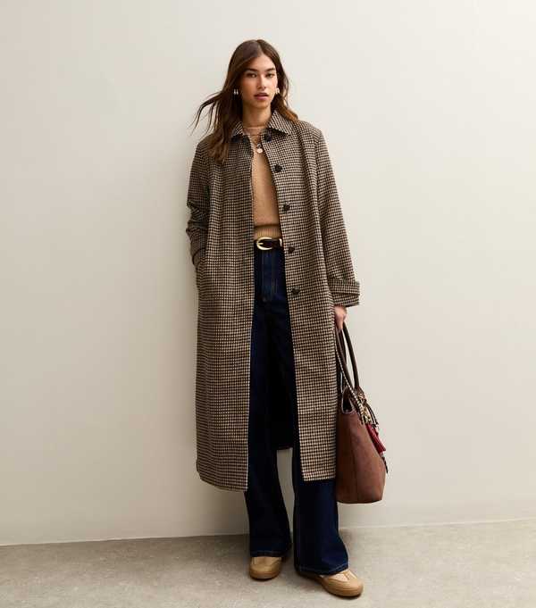New Look Brown Checked Belted Longline Coat