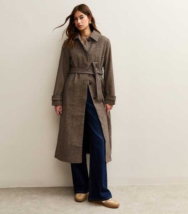 New Look Brown Checked Belted Longline Coat