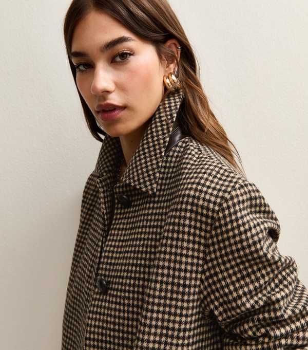 New Look Brown Checked Belted Longline Coat