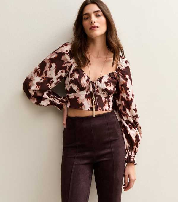 New Look Brown Cow Print Long Sleeve Milkmaid Top