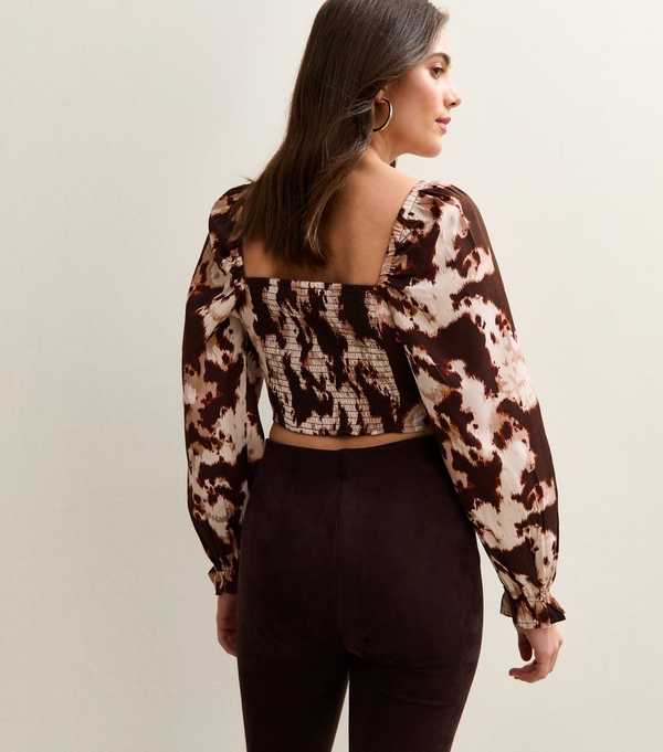 New Look Brown Cow Print Long Sleeve Milkmaid Top