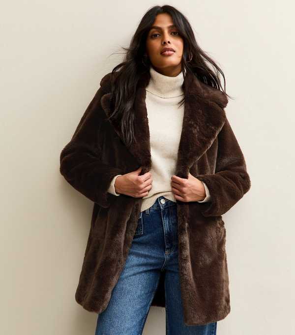new look Brown Faux Fur Midi Coat