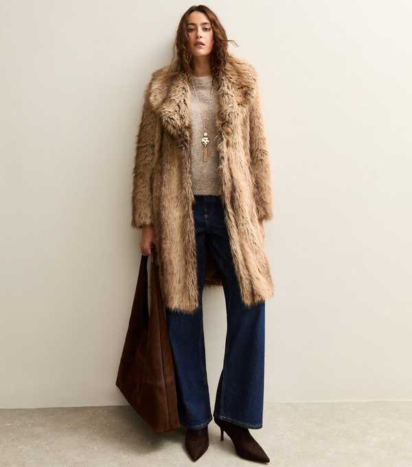New Look Brown Faux Fur Shawl Collar Mid Coat