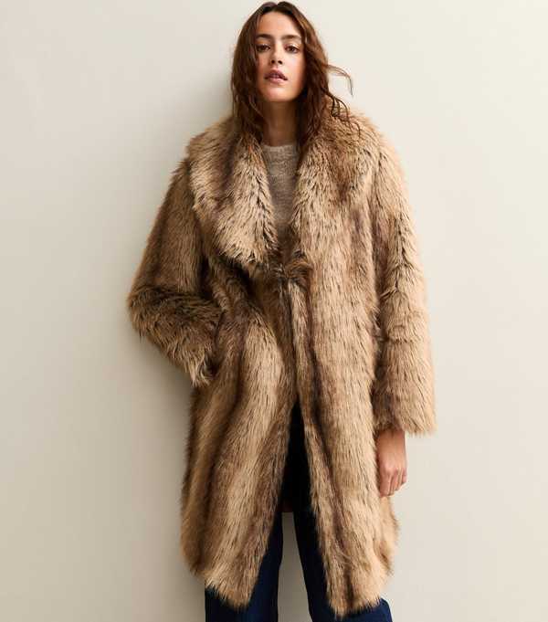 New Look Brown Faux Fur Shawl Collar Mid Coat