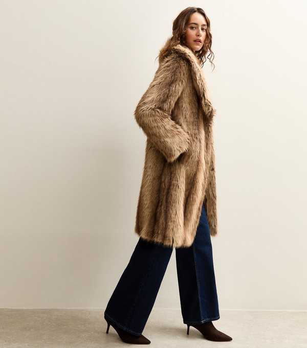 New Look Brown Faux Fur Shawl Collar Mid Coat