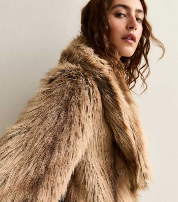 new look Brown Faux Fur Shawl Collar Mid Coat