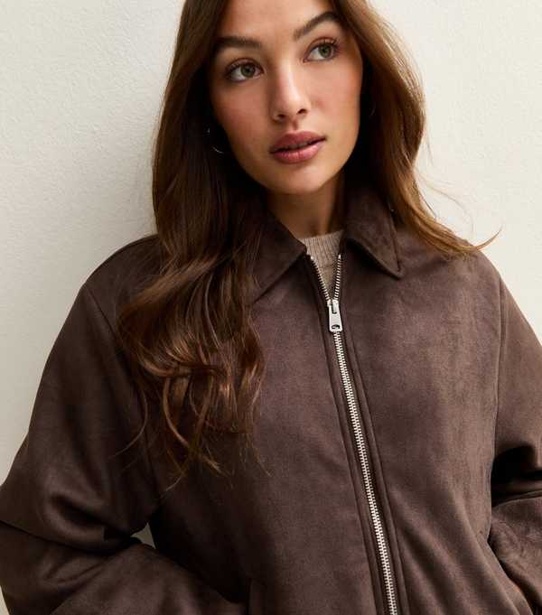 New Look Brown Faux Suede Bubblehem Bomber Jacket