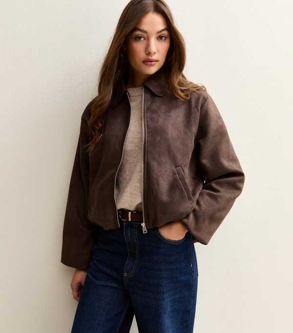 new look Brown Faux Suede Bubblehem Bomber Jacket