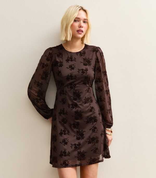 New Look Brown Floral Flocked Mini Dress