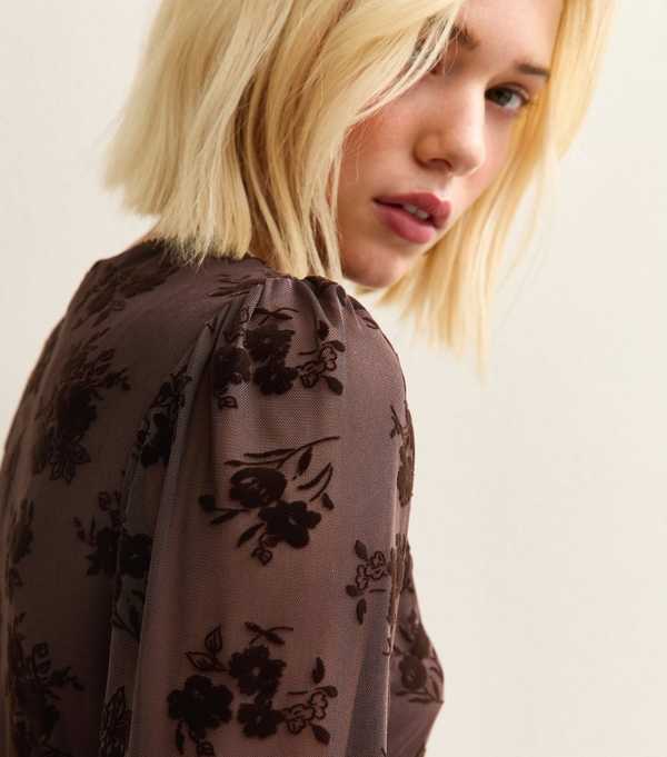 New Look Brown Floral Flocked Mini Dress