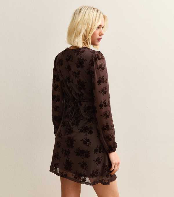 New Look Brown Floral Flocked Mini Dress