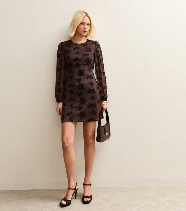 new look Brown Floral Flocked Mini Dress