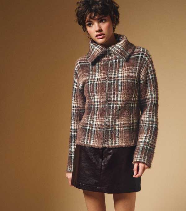new look Brown Fluffy Check Zip Cardigan