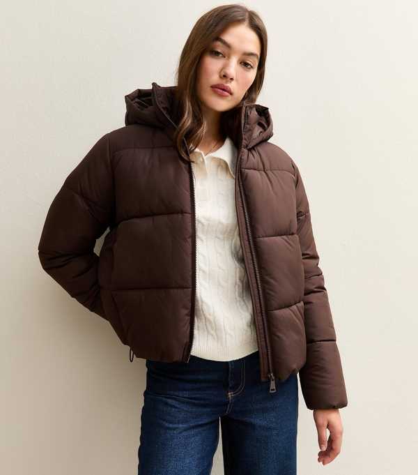 new look Brown Hooded Cropped Puffer Jacket