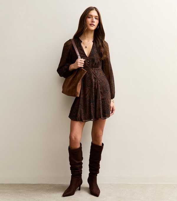 New Look Brown Paisley Chiffon Mini Dress