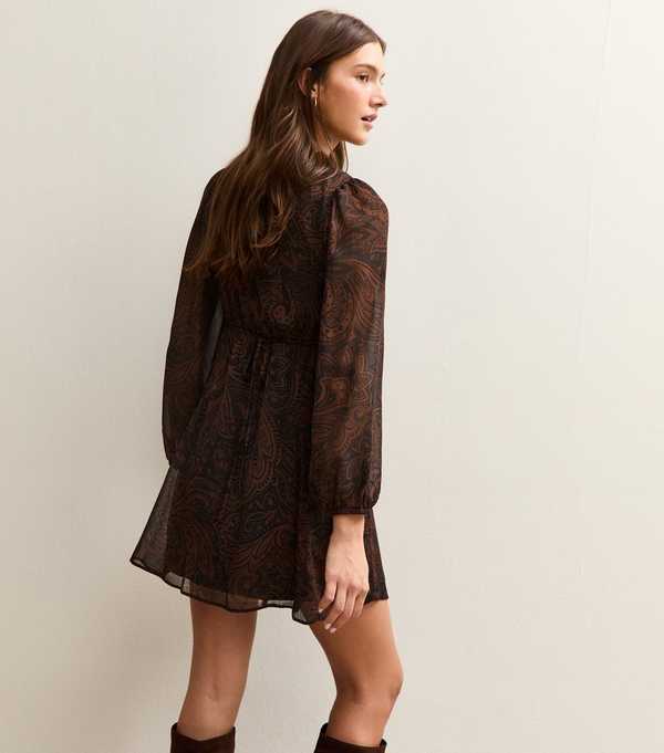 New Look Brown Paisley Chiffon Mini Dress