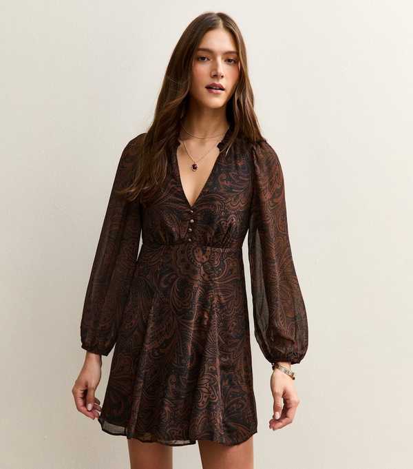 new look Brown Paisley Chiffon Mini Dress