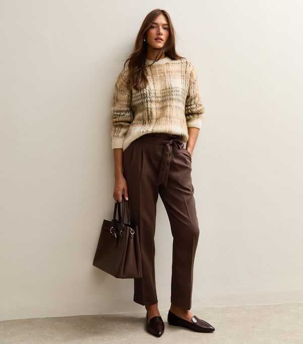 New Look Brown Pleated Paperbag Trousers
