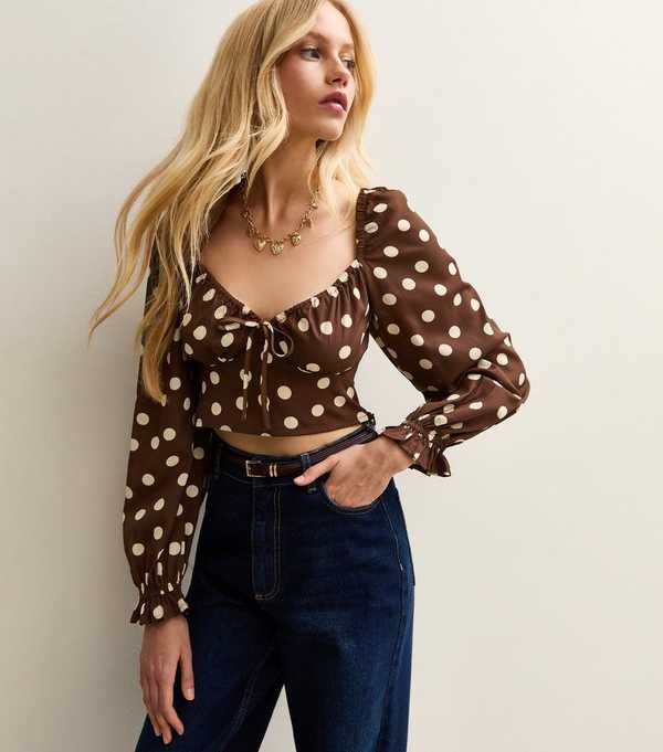 New Look Brown Polka Dot Long Sleeve Milkmaid Top