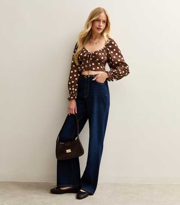 New Look Brown Polka Dot Long Sleeve Milkmaid Top