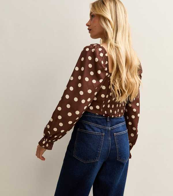 New Look Brown Polka Dot Long Sleeve Milkmaid Top