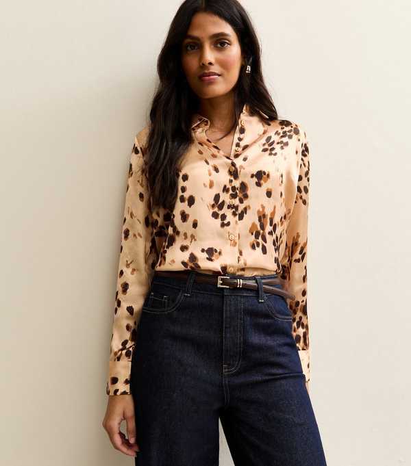 new look Brown Satin Printed Long Sleeve Shirt