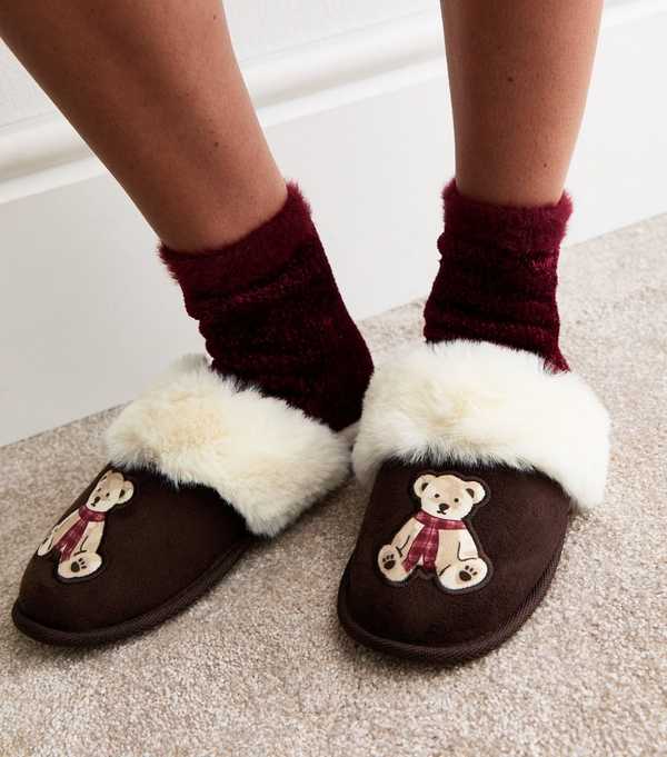 New Look Brown Teddy Bear Applique Mule Slippers
