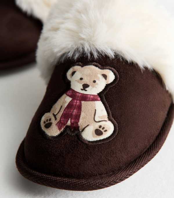 New Look Brown Teddy Bear Applique Mule Slippers