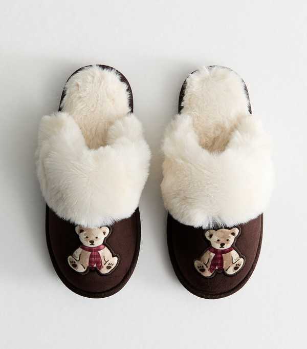 new look Brown Teddy Bear Applique Mule Slippers
