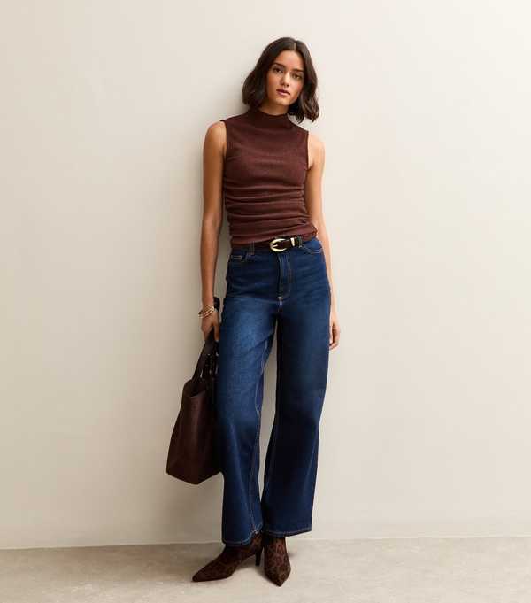 New Look Brown Textured Jersey Ruched Tank Top