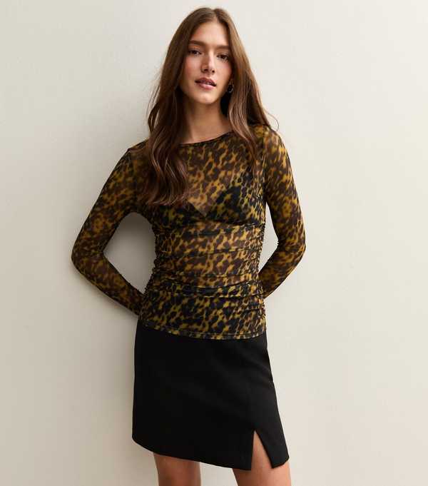 New Look Brown Tortoiseshell Mesh Long Sleeve Top