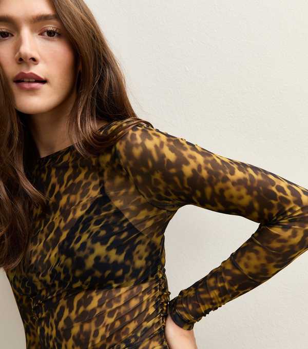 new look Brown Tortoiseshell Mesh Long Sleeve Top