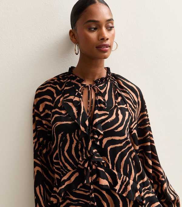 New Look Brown Zebra Print Long Sleeve Midi Dress