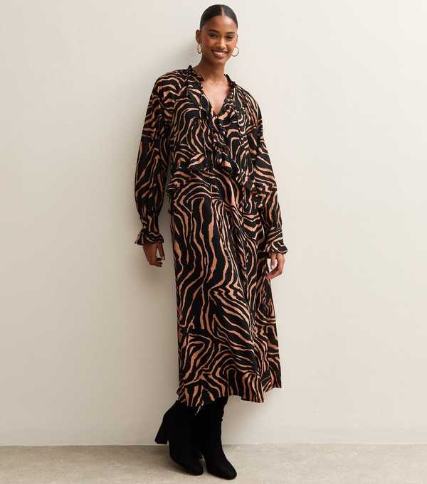 New Look Brown Zebra Print Long Sleeve Midi Dress