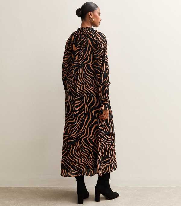 New Look Brown Zebra Print Long Sleeve Midi Dress
