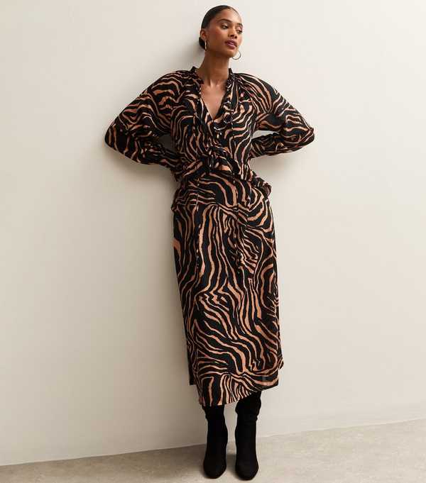 new look Brown Zebra Print Long Sleeve Midi Dress