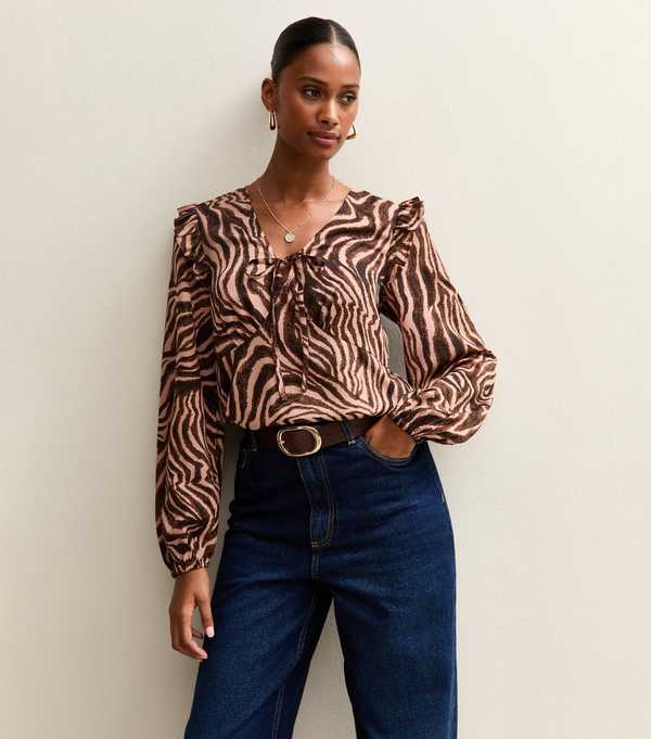 New Look Brown Zebra Print Ruffle Blouse