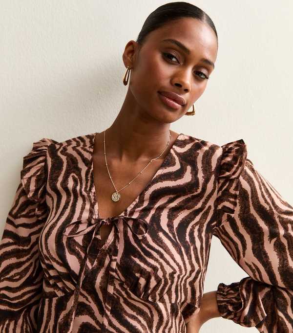 New Look Brown Zebra Print Ruffle Blouse