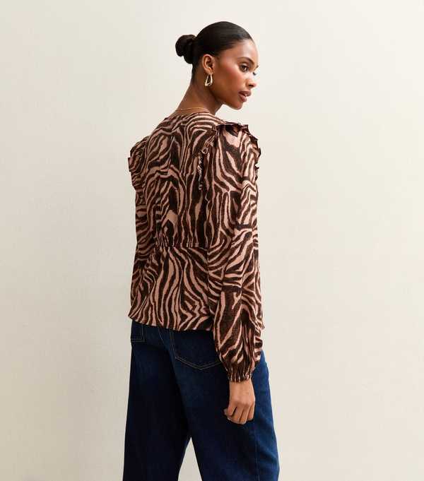 New Look Brown Zebra Print Ruffle Blouse