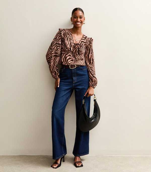 new look Brown Zebra Print Ruffle Blouse
