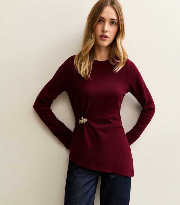New Look Burgundy Broach Gather Asymmetric Hem Top