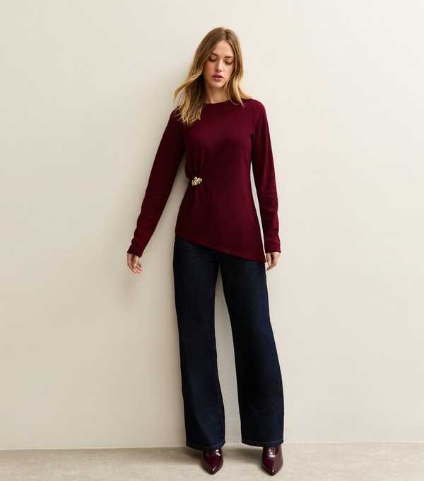 New Look Burgundy Broach Gather Asymmetric Hem Top
