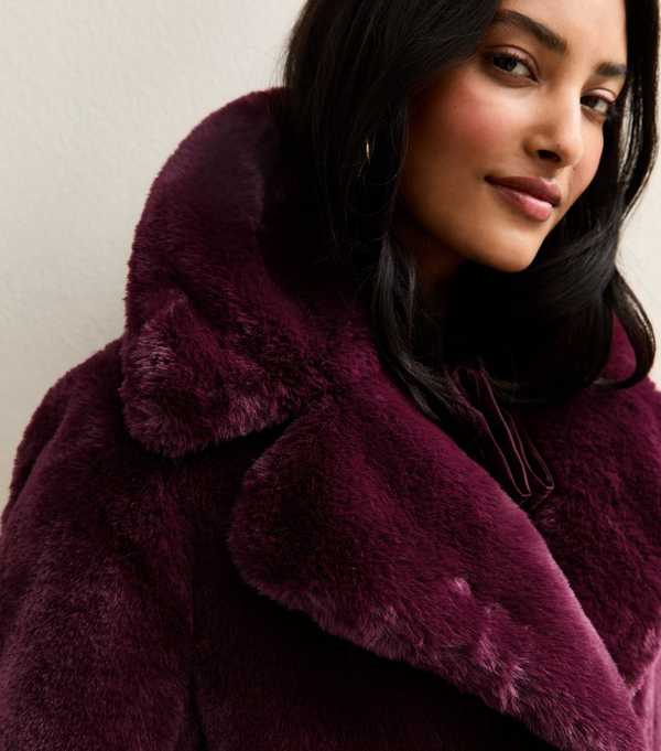 New Look Burgundy Faux Fur Midi Coat