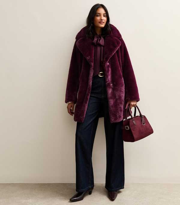 New Look Burgundy Faux Fur Midi Coat