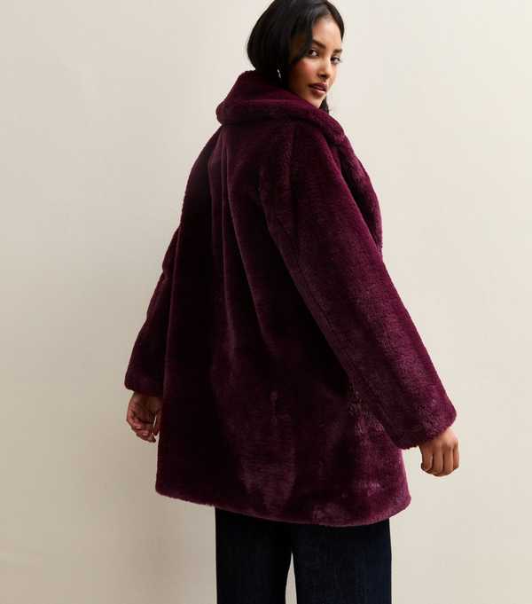 New Look Burgundy Faux Fur Midi Coat